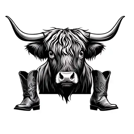 Highland Cow Head Sticking Out From Cowboy Boots