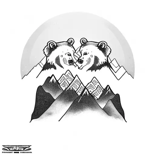 Dad Bear And Son Bear Touching Noses Inside Bear Paw With Mountains Behind It