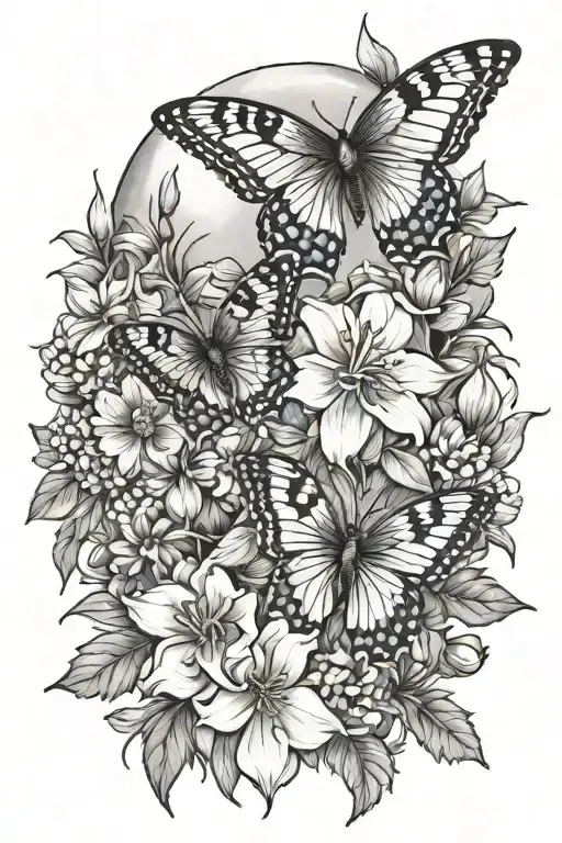 Larkspur Aster Flowers With Butterfly Moon And Cardinal