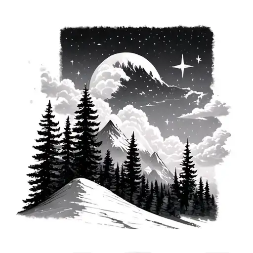 Mountain Sky With Trees Filled With Stars And Clouds