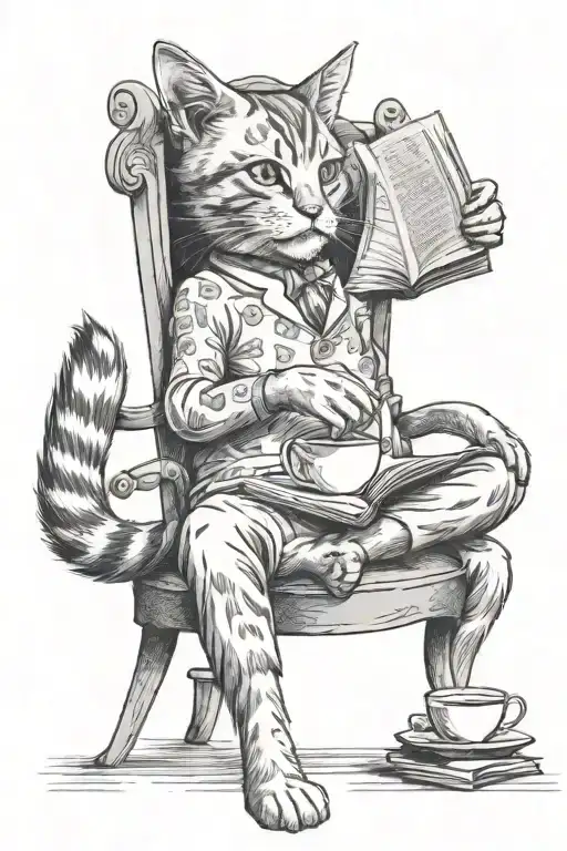 Cat Relaxing In A Chair Reading A Book With A Cup Of Tea