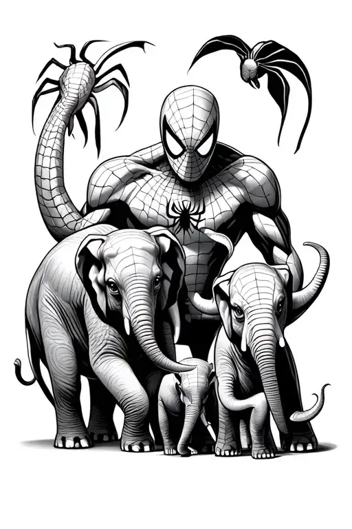 Spider-man And Elephant Tattoo With A Mom And Two Children Elephants