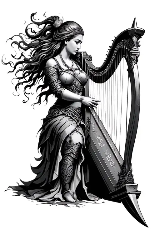 Female Celtic Warrior Playing Irish Harp With Scottish Claymore Resting On The Harp