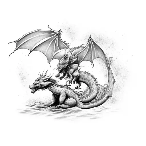 Dragon Fighting A Fox While Waves Are Hitting Them