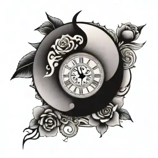 Yin Yang Totto With A Rose And A Clock As Each Half With A Tribal Band On A Bicep