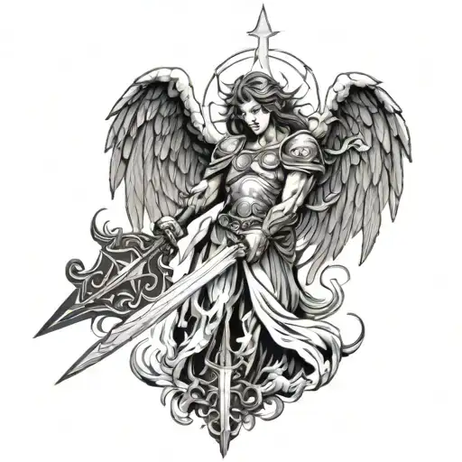 Angel With Open Wings And A Giant Sword Covered In Lightning