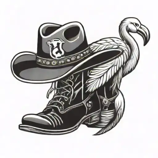 Cowboy Boots With A Cowboy Hat Hanging On Top Half And A Flamingo With Sunglasses On The Boots