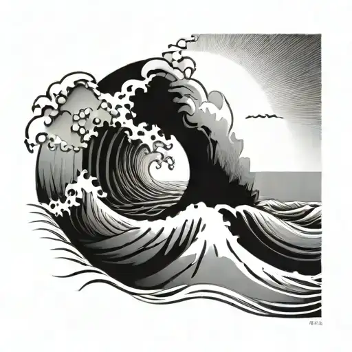 An Abstract Ocean Scene With Waves Crashing On The Beach And A Sun Shining Brightly