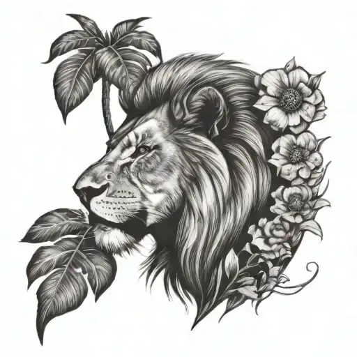 Lion With Poppy Flower Palm Tree