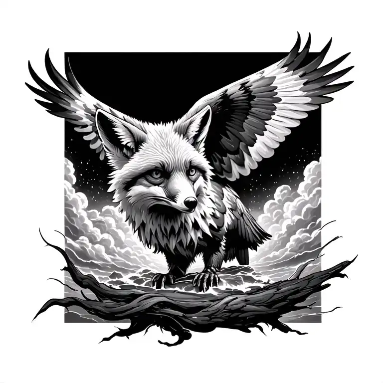 Fox With Eagle Flying Through Storm