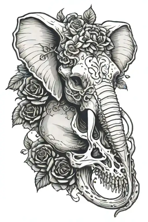 Elephant Skull Surrounded By Black Roses Intertwined