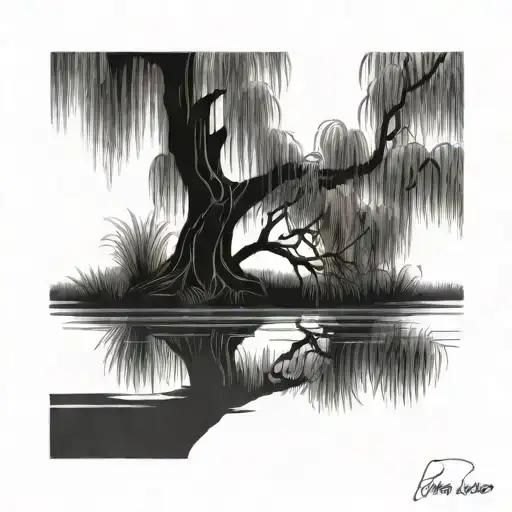 Weeping Willow Tree By A Pond With Dragon Flys