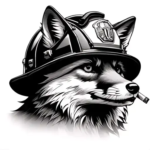 A Fox With A Firefighter Helmet On And A Cigarette In Its Mouth