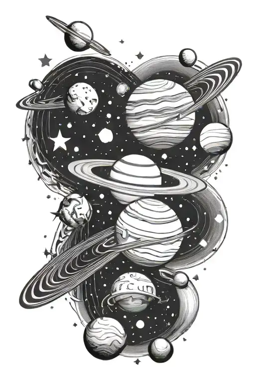 Planets And Stars In A Straight Line Down Tattoo Design