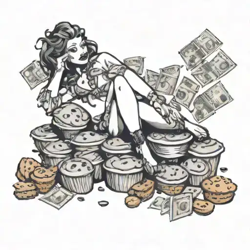 A Provocative Design Of A Sexy Lady Lounging On A Pile Of Muffins With Money Raining Down On Her