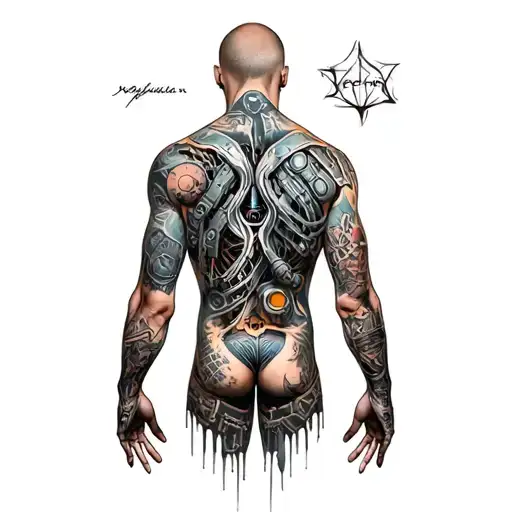 This Tattoo With Many Details That Cover The Back And Hands Associated With Mechanics