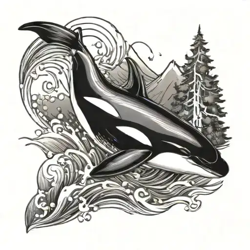 Orca Swimming In Water With Mountains And Trees In Background