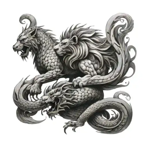 A Lion Scraping The Scales Of Of A Dragon