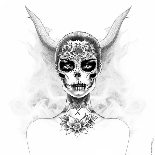 Demon Lady With Smoke And Sugar Skull With Smoke Around Her In Chicano Style