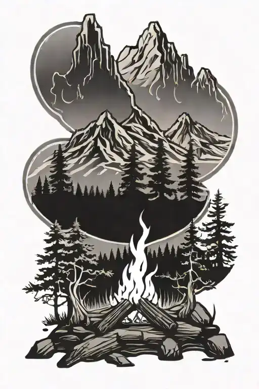 Campfire Surrounded By Trees And Mountain Range Silhouette