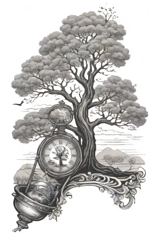 Tree Of Life In Nature Scene With Hour Glass