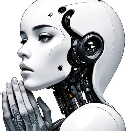 Side Profile Of A Female Robot Face With Hands In A Prayer Index Finger Under Chin