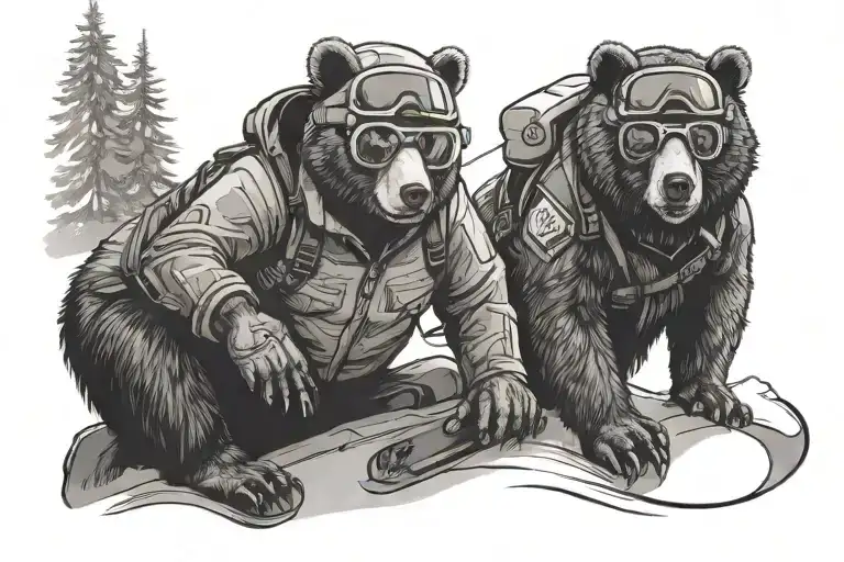 Snowboarding Bear And His Cub Wearing Ski Goggles Going Down A Mountain