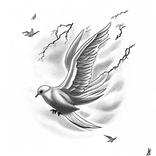 Dove With Stormy Lightning Background Over Lake