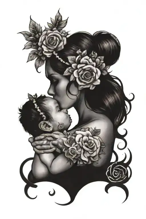 Dark Haire Mother With Purple Flower Crown Holding Baby