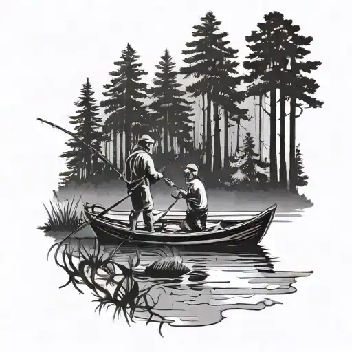 Silhouette Of Father And Two Sons Fishing On A Boat In A Forest
