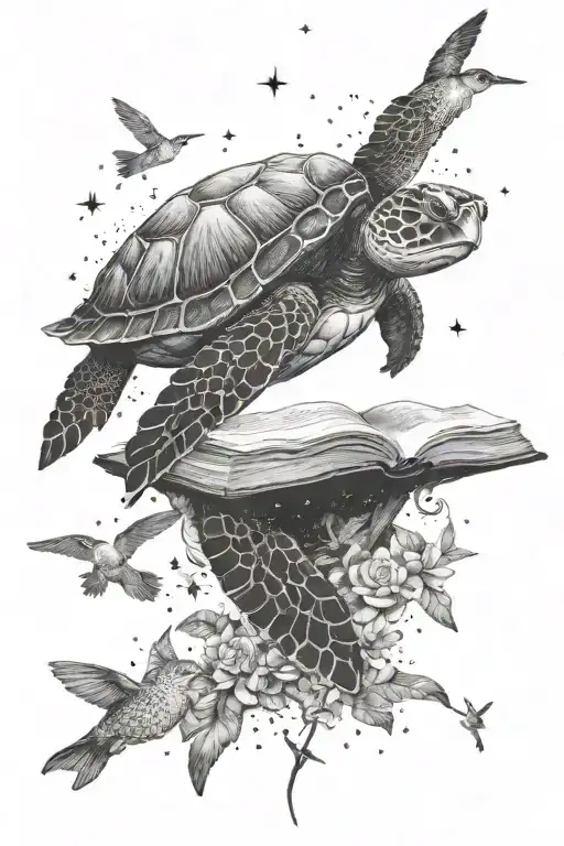 A Sea Turtle Reading A Book Under A Starry Sky Surrounded By Hummingbirds