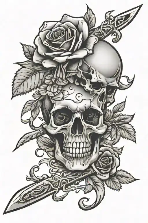 Skull Rose And Knife Intertwined
