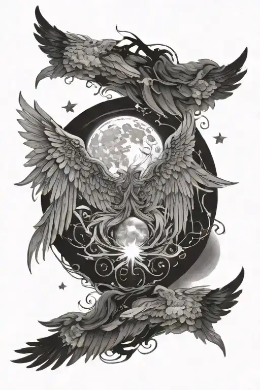 6 Angel Wings All Spread Out With Moon In The Centre And Stars