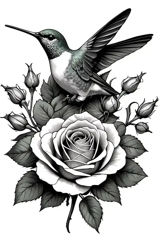 Hummingbird Eating Out Of A Rose With Roses And Rose Buds Around Knee Cap