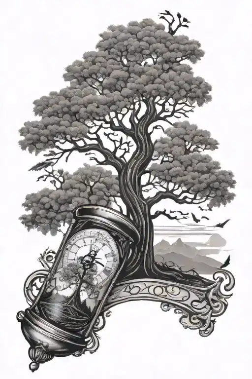 Tree Of Life In Nature Scene With Hour Glass