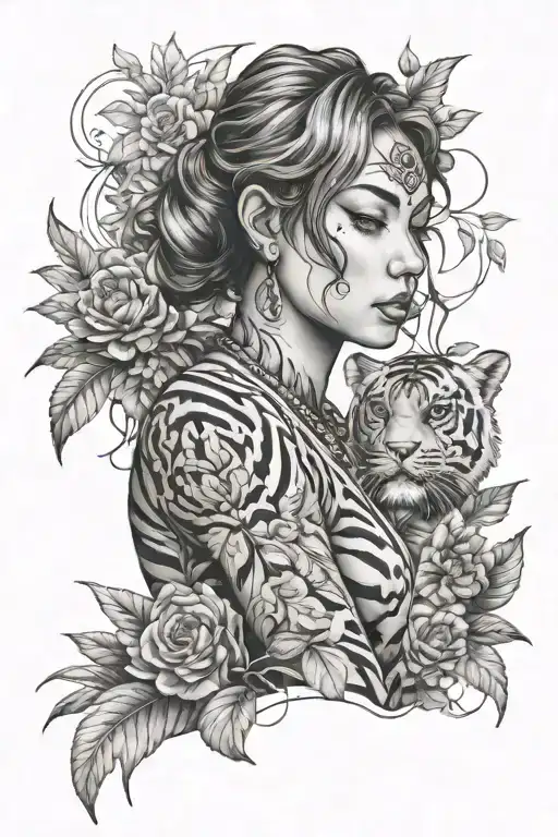 Girl With Tiger Ornaments And Plants