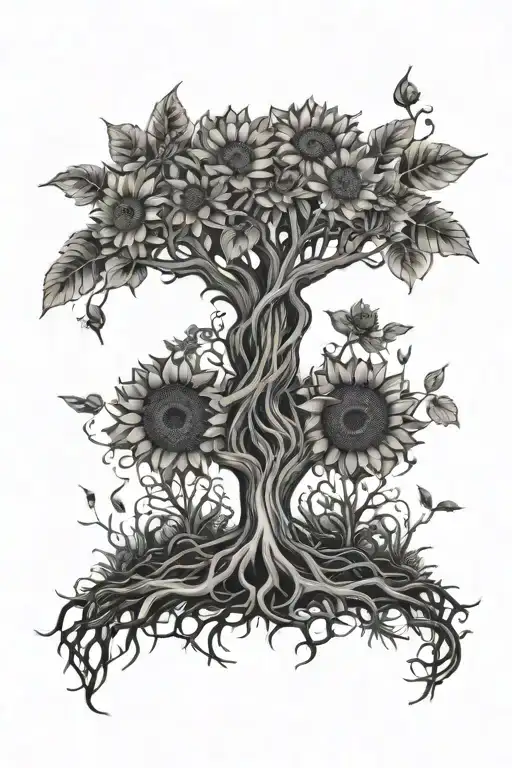 Tree Of Life With Roots And Sunflowers Growing