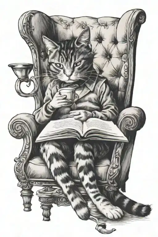 Cat Lounging In A Chair Reading A Book With A Cup Of Tea