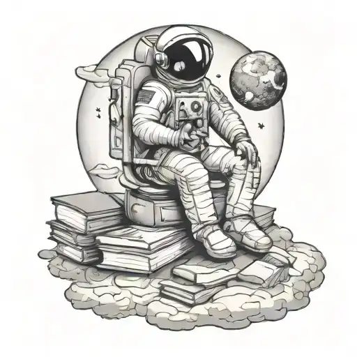 An Astronaut Sitting On A Moon With A Cabinet Filled With Books In Background