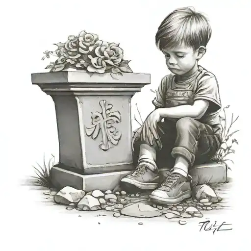 Little Boy In Front Of A Grave