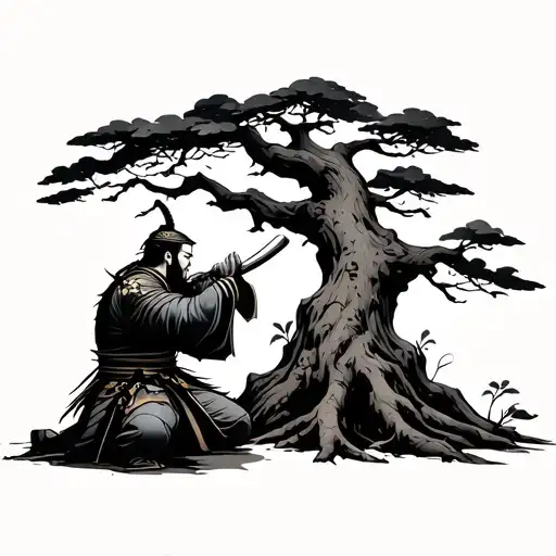 Samurai Kneeling Infront Of Tree And Touching It's Base