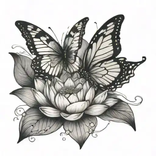 Lotus Flower And Butterfly Perched