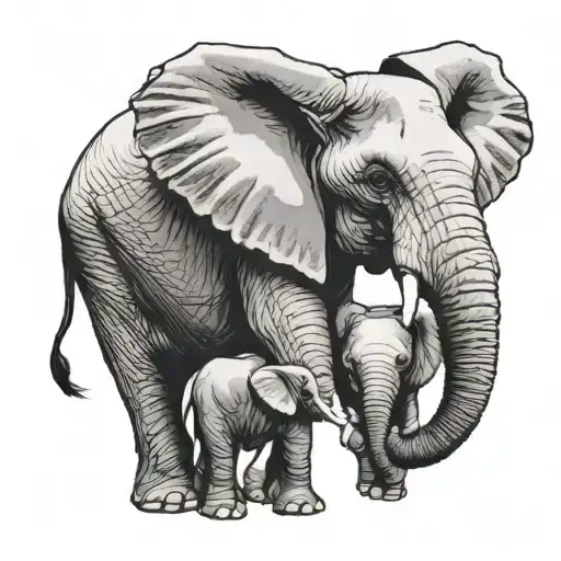 Mother And Baby Son Elephant Holding