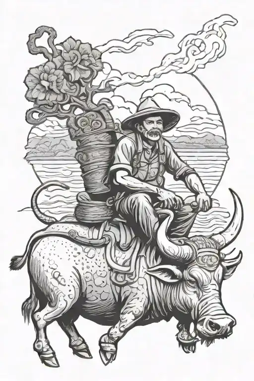 Farmer In Traditional Vietnamese Hat Sitting On A Water Buffalo With Big Horns