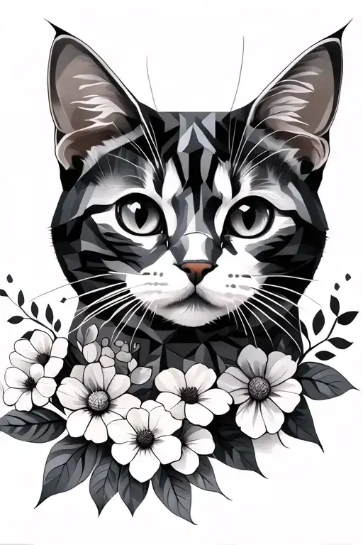 Cat With Flowers And A Geometric Floral Drawing With