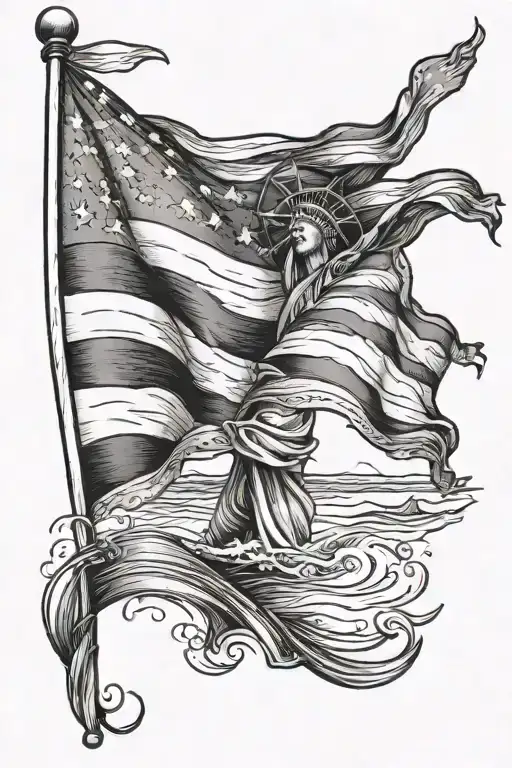 One American Flag Waving On A Beach