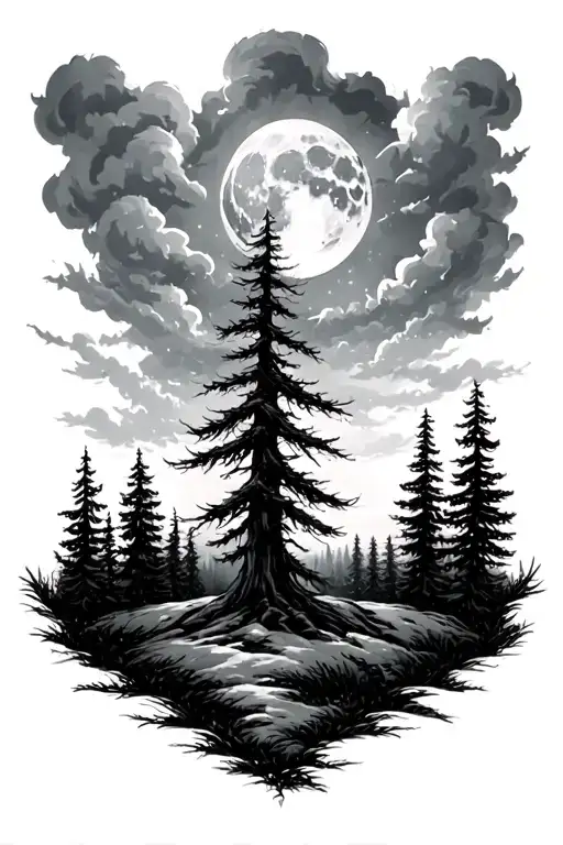 Ominous Clouds Surrounding A Moonlit Forest Landscape With Towering Pines