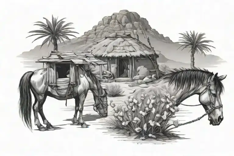 Desert Landscape With Catcuses And Hut With A Deck On It And A Horse Tied Out Front