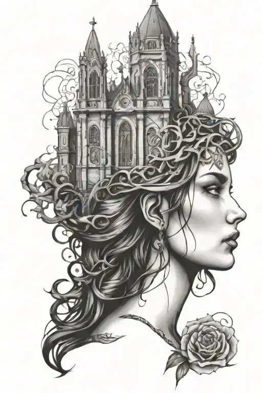 Woman Face With Gothic Church Coming Out Of Head
