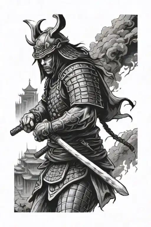 Samurai Warrior With Building In The Background Black And White